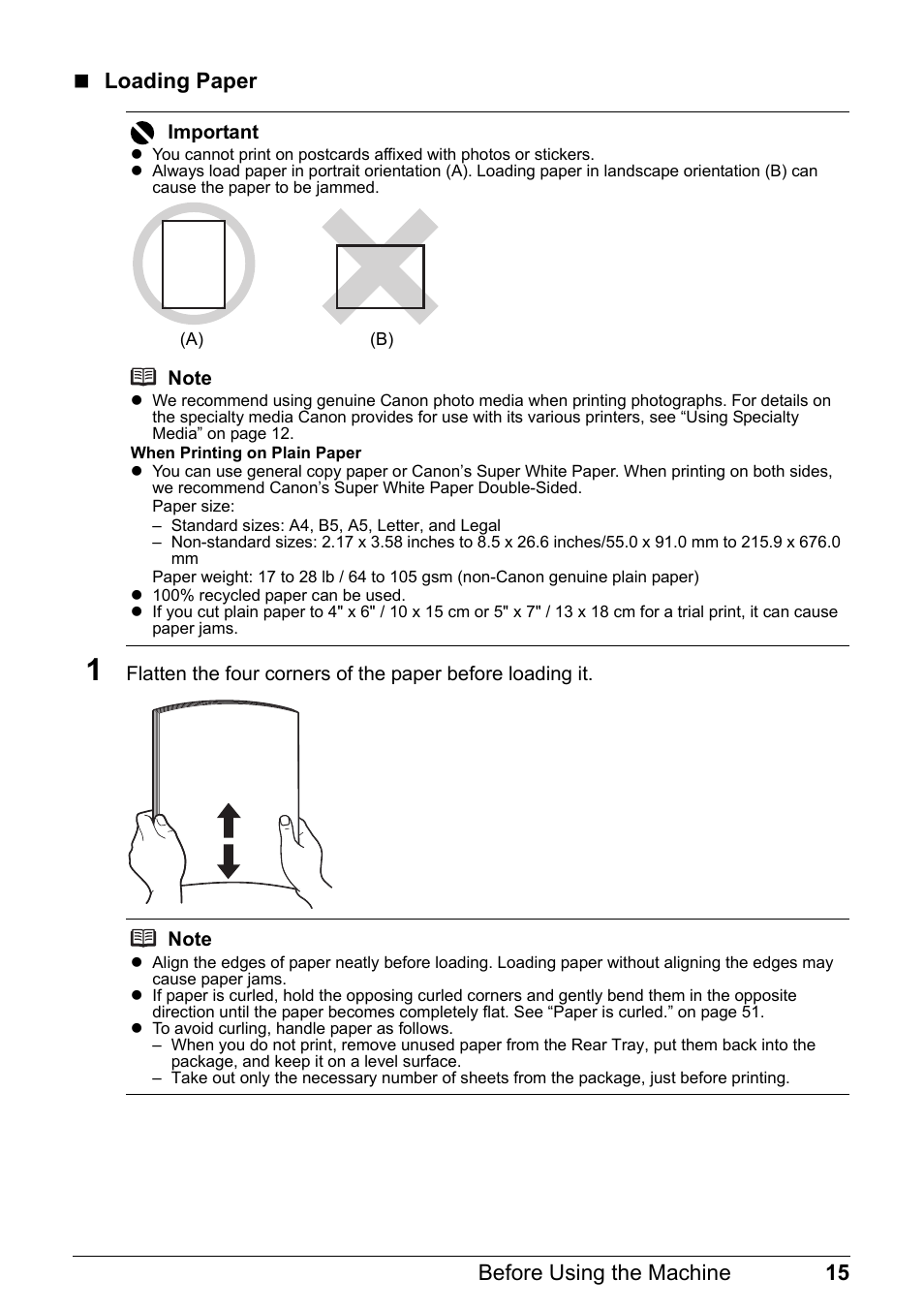 15 before using the machine  loading paper | Canon MP 190 Pixma User Manual | Page 19 / 76