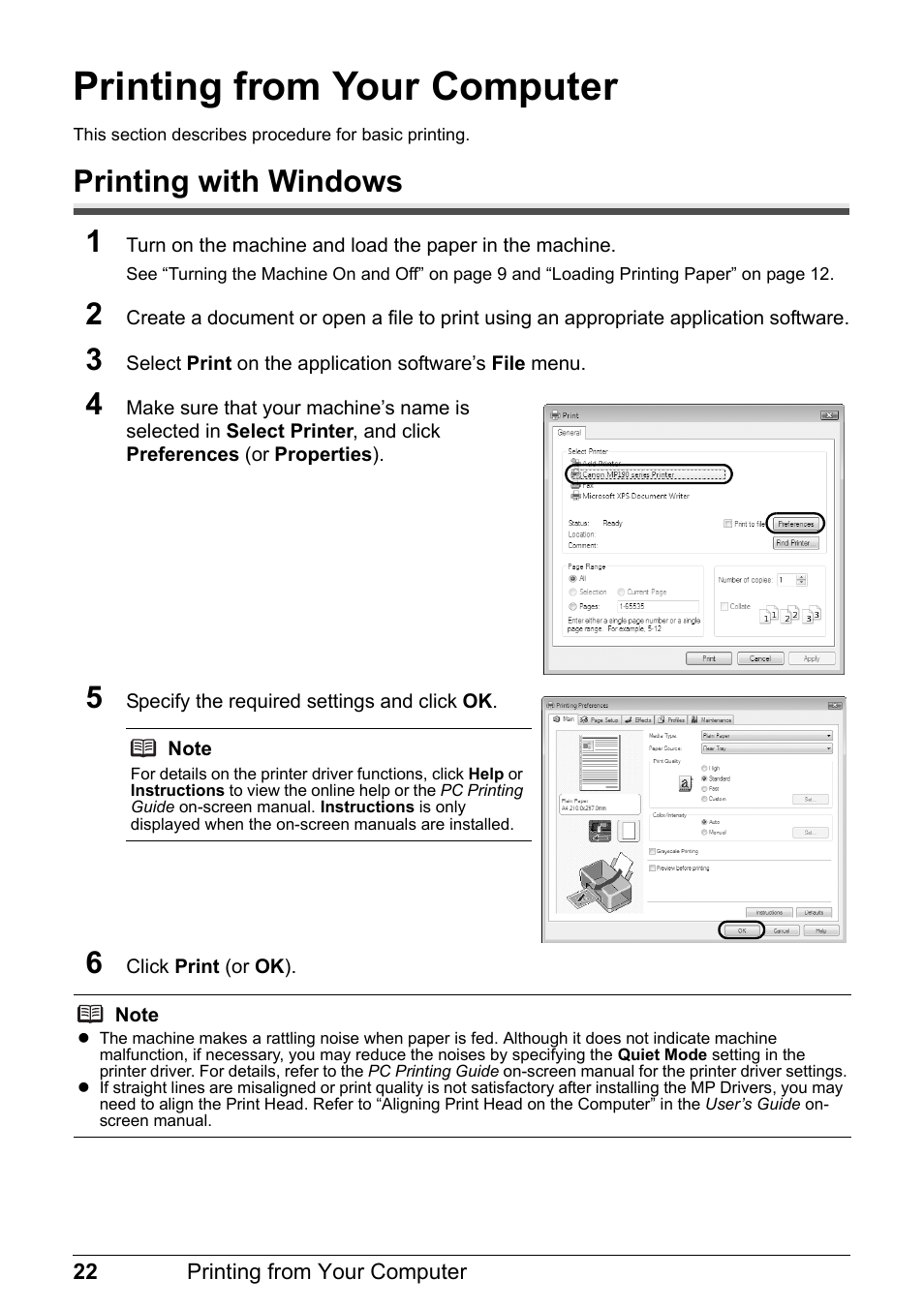 Printing from your computer, Printing with windows, Printing with windows 1 | Canon MP 190 Pixma User Manual | Page 26 / 76