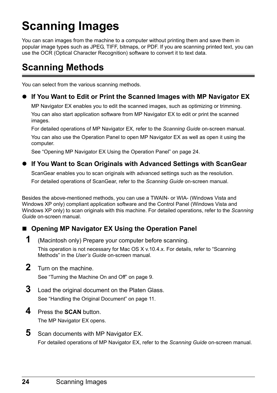 Scanning images, Scanning methods | Canon MP 190 Pixma User Manual | Page 28 / 76