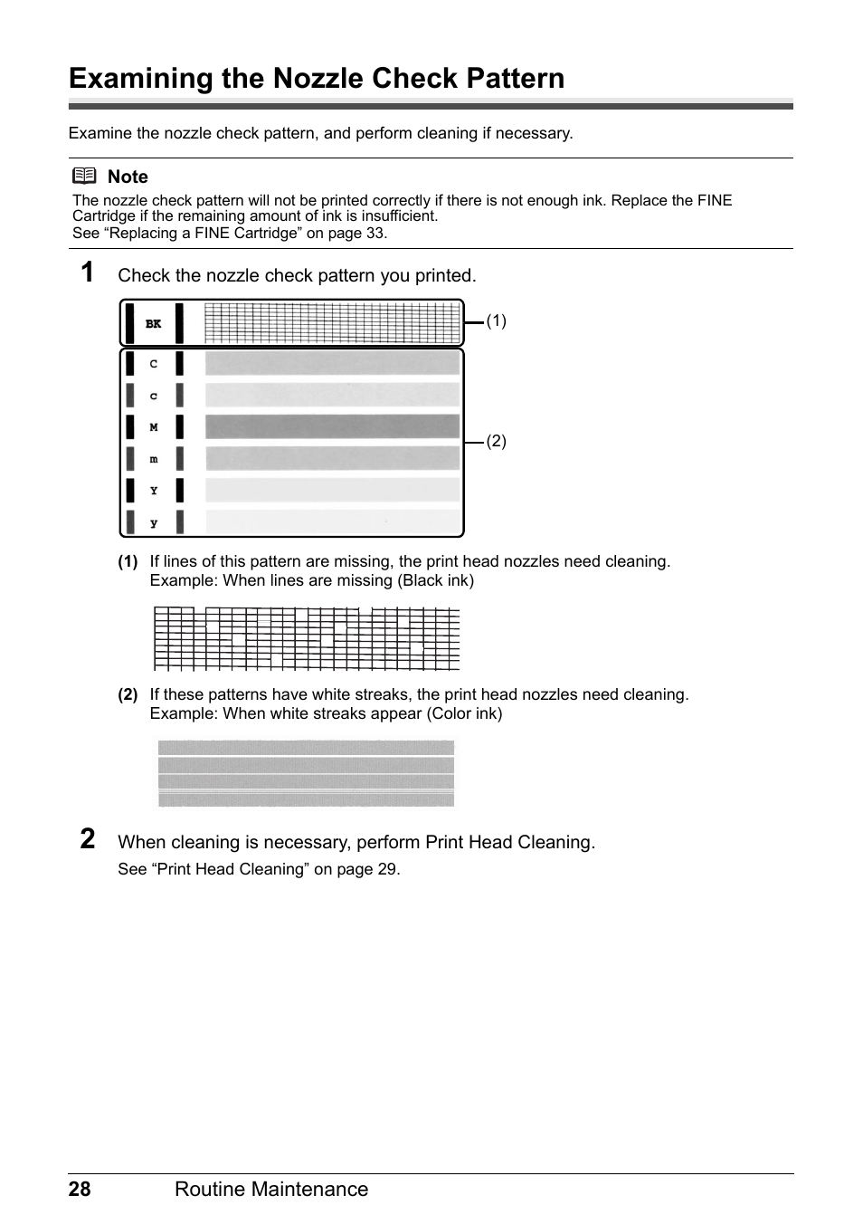 Examining the nozzle check pattern | Canon MP 190 Pixma User Manual | Page 32 / 76