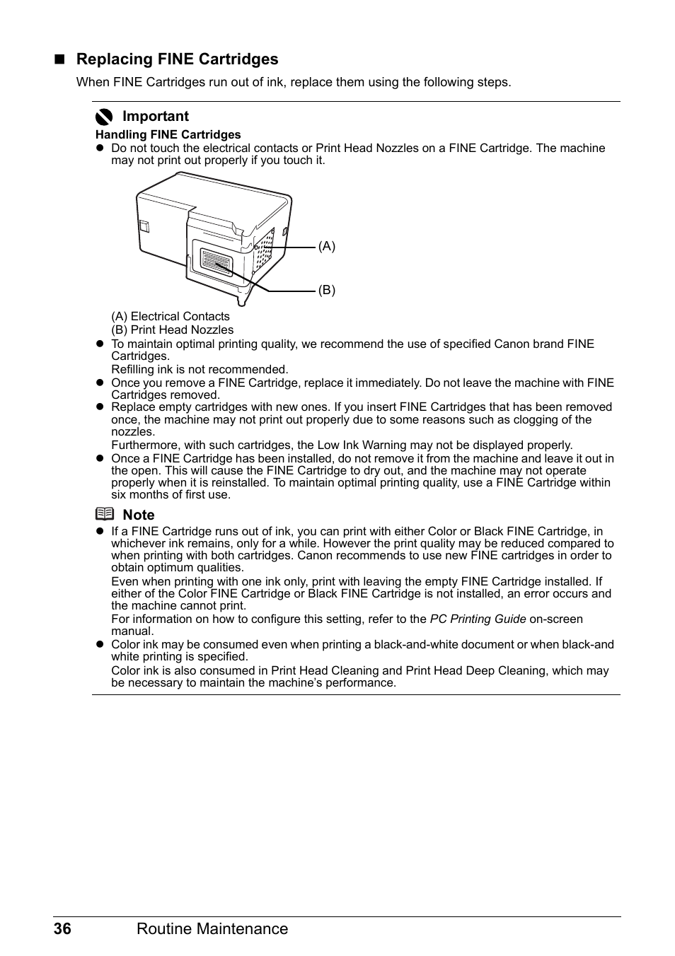 36 routine maintenance  replacing fine cartridges | Canon MP 190 Pixma User Manual | Page 40 / 76