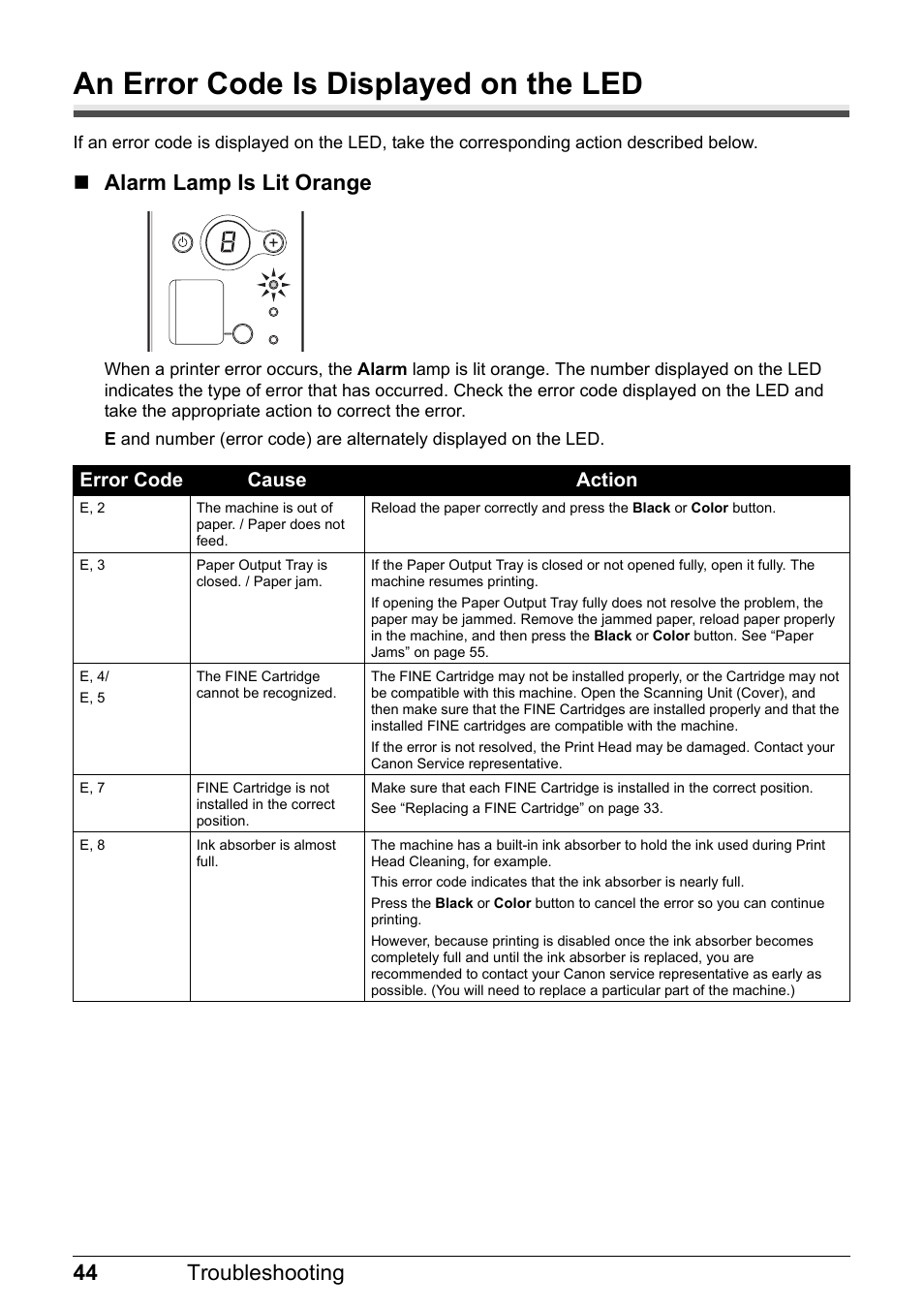 An error code is displayed on the led, 44 troubleshooting, Alarm lamp is lit orange | Canon MP 190 Pixma User Manual | Page 48 / 76