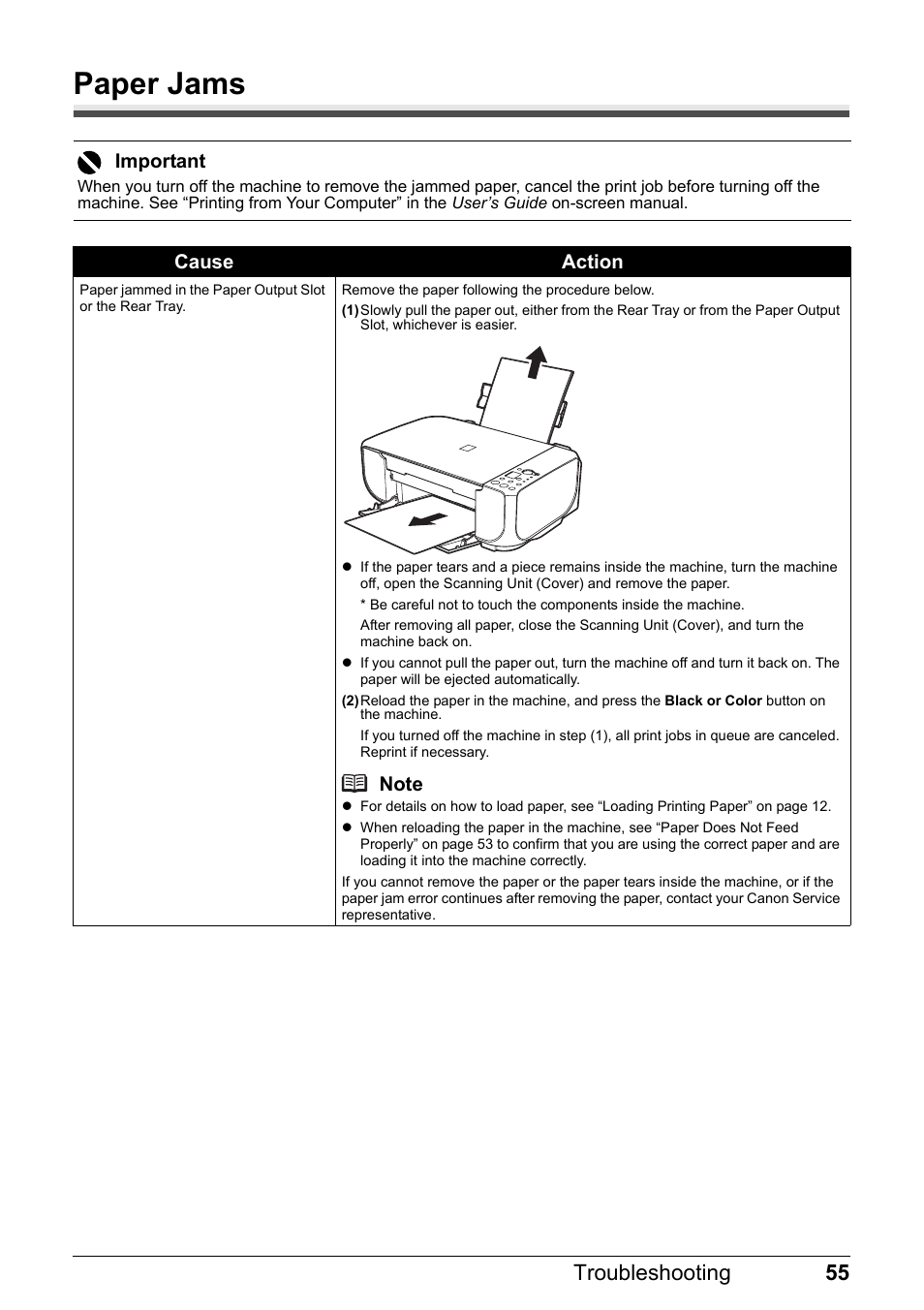 Paper jams, 55 troubleshooting | Canon MP 190 Pixma User Manual | Page 59 / 76