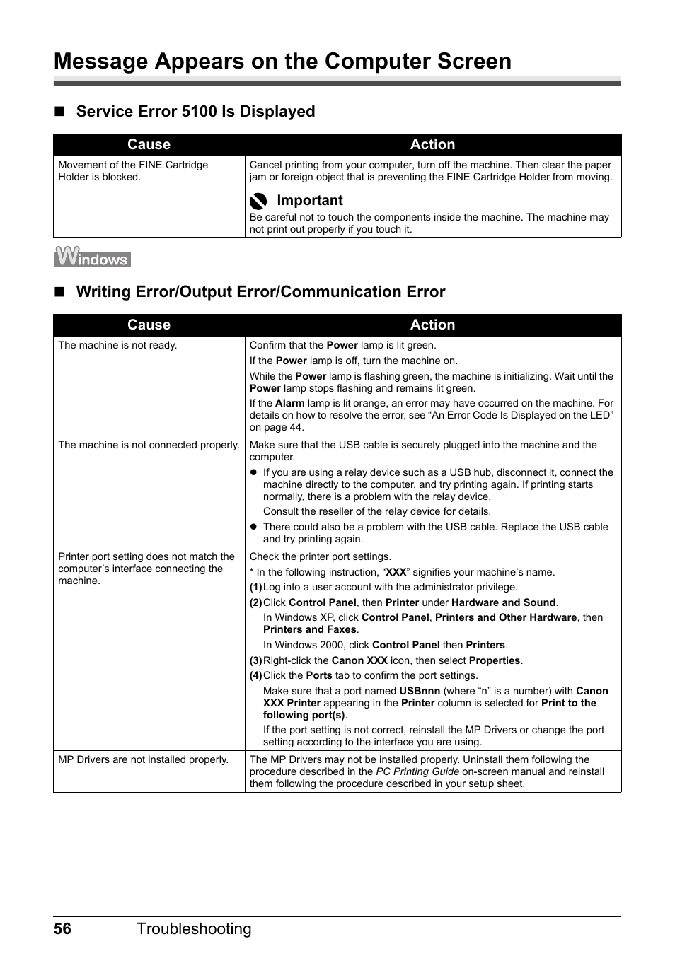 Message appears on the computer screen, 56 troubleshooting | Canon MP 190 Pixma User Manual | Page 60 / 76