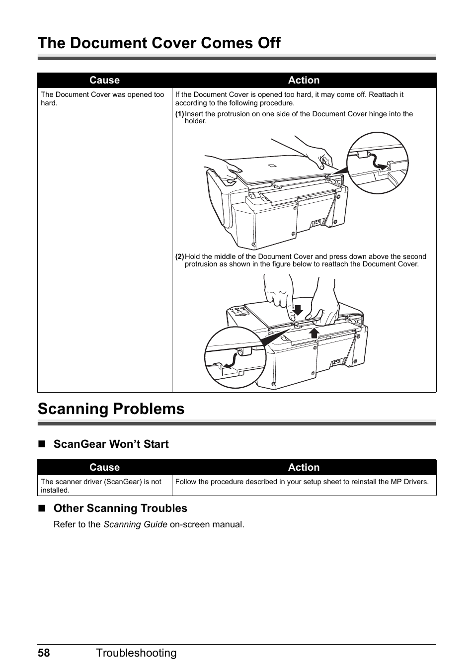 The document cover comes off, Scanning problems, The document cover comes off scanning problems | Canon MP 190 Pixma User Manual | Page 62 / 76