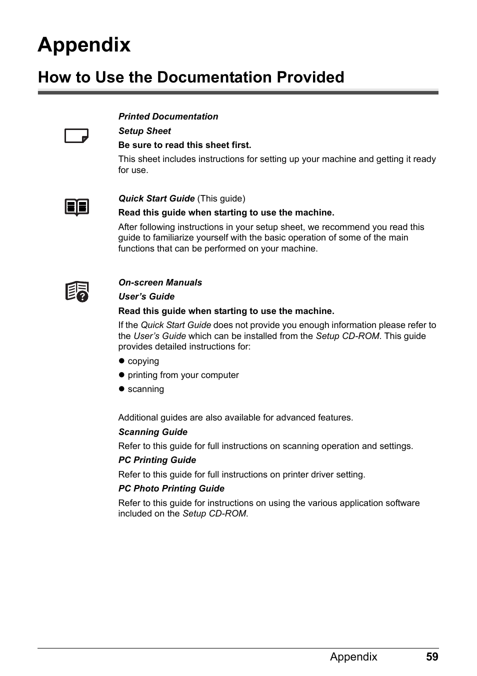 Appendix, How to use the documentation provided | Canon MP 190 Pixma User Manual | Page 63 / 76