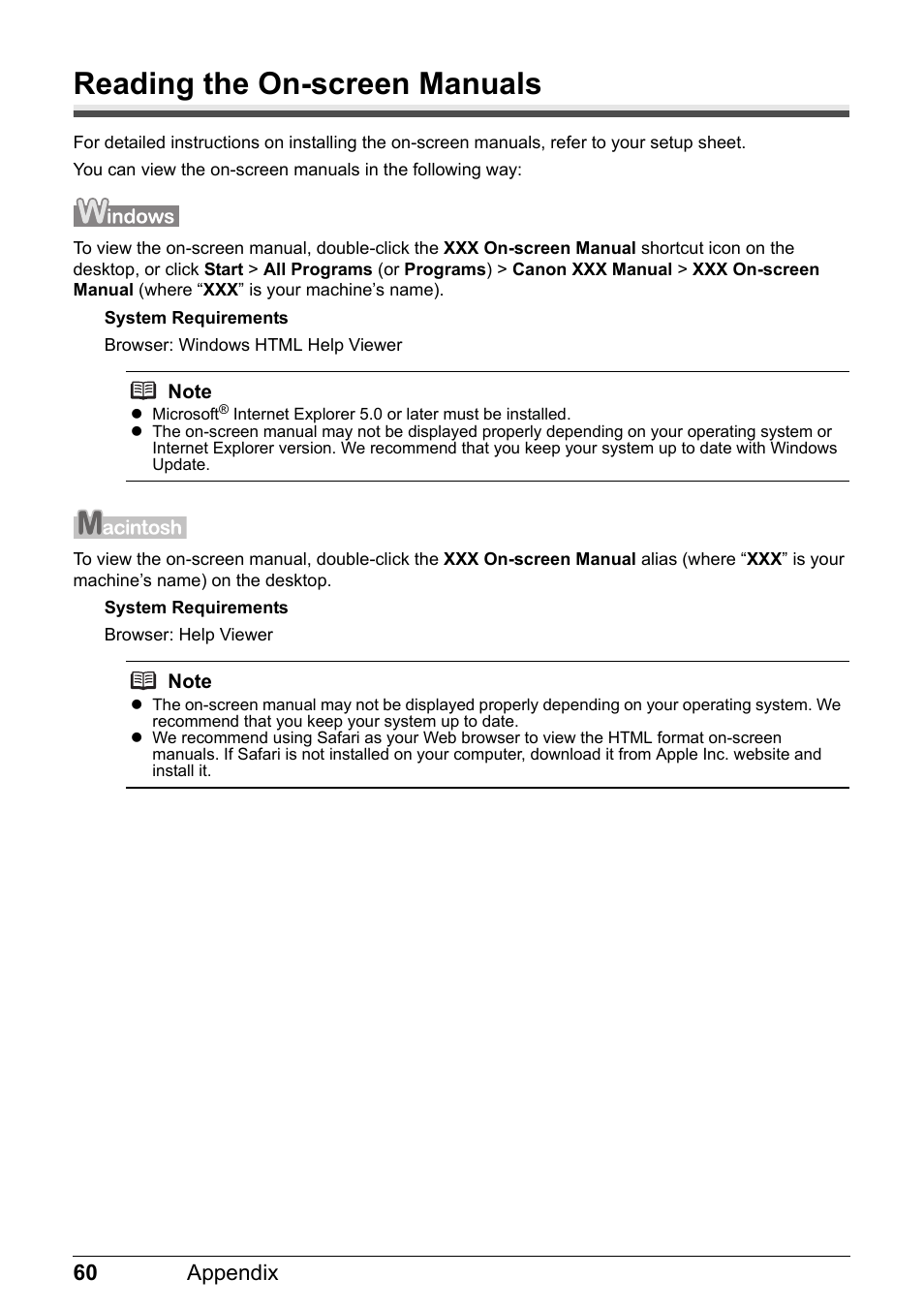 Reading the on-screen manuals, 60 appendix | Canon MP 190 Pixma User Manual | Page 64 / 76