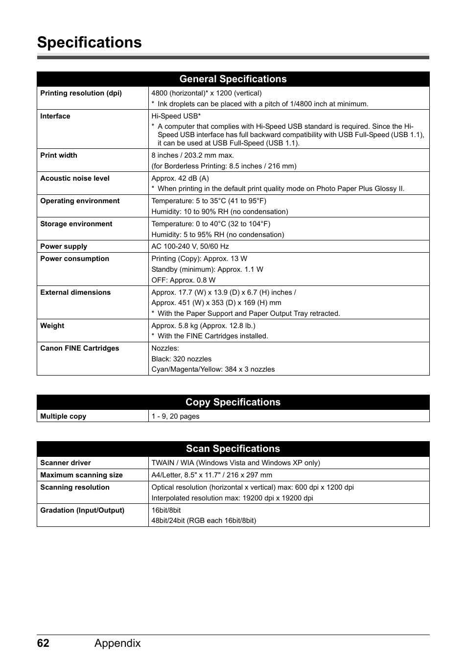 Specifications, 62 appendix, General specifications | Copy specifications, Scan specifications | Canon MP 190 Pixma User Manual | Page 66 / 76