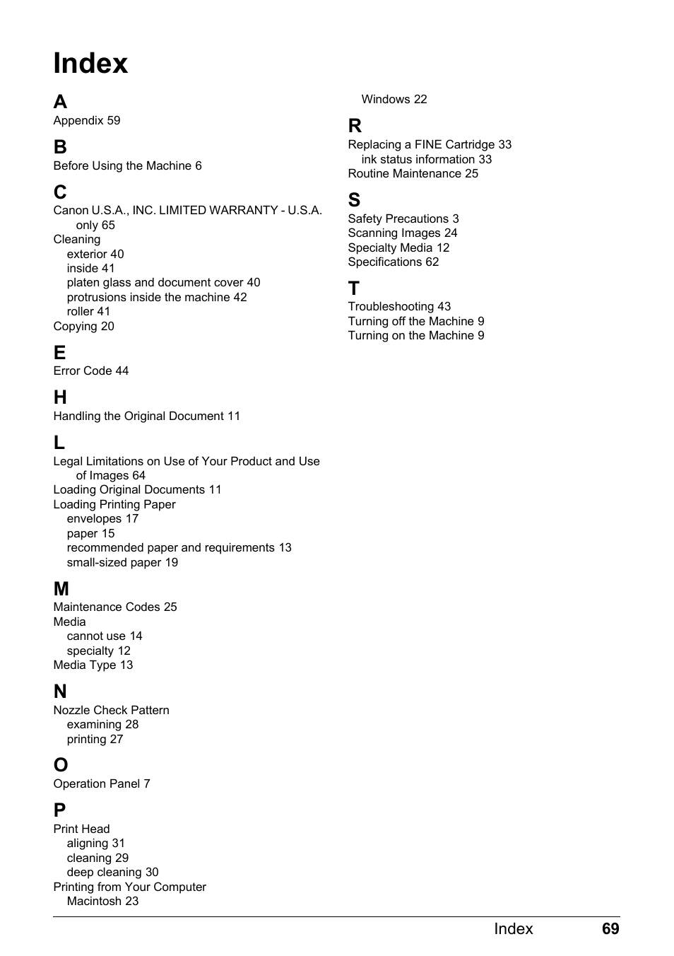 Index | Canon MP 190 Pixma User Manual | Page 73 / 76