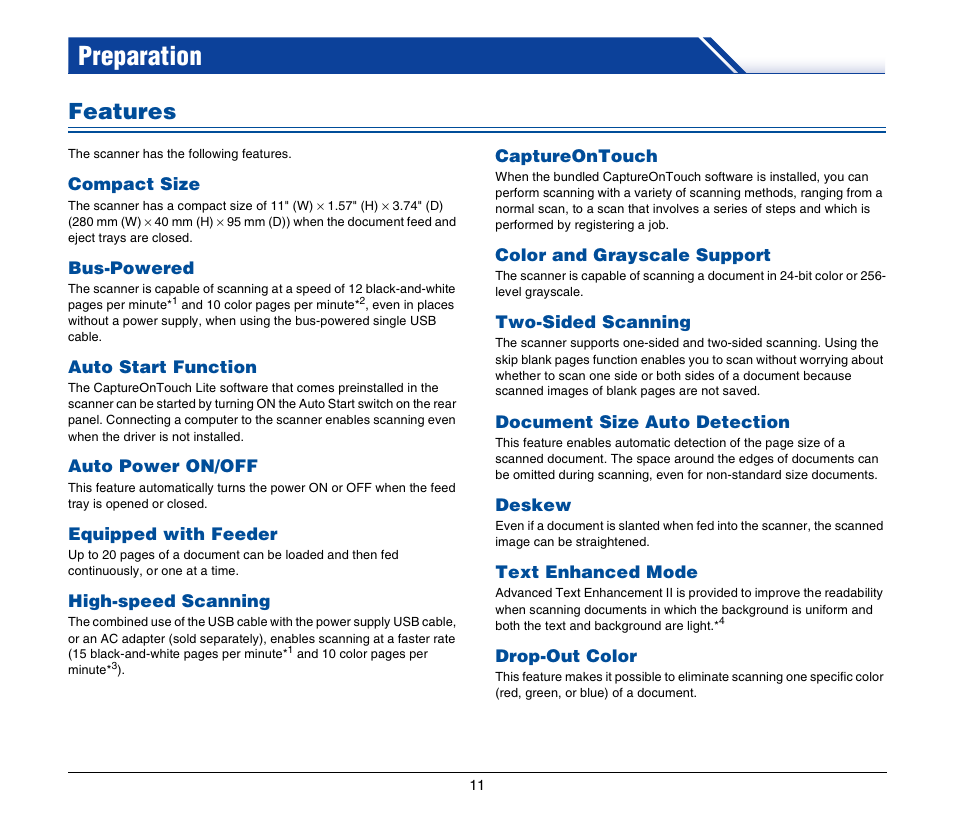 Preparation, Features, Compact size | Bus-powered, Auto start function, Auto power on/off, Equipped with feeder, High-speed scanning, Captureontouch, Color and grayscale support | Canon IMAGEFORMULA P-150 User Manual | Page 11 / 74