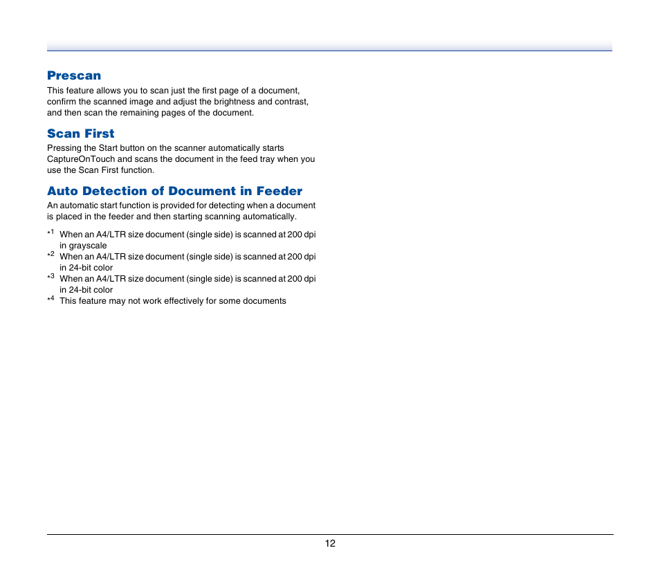 Prescan, Scan first, Auto detection of document in feeder | Canon IMAGEFORMULA P-150 User Manual | Page 12 / 74