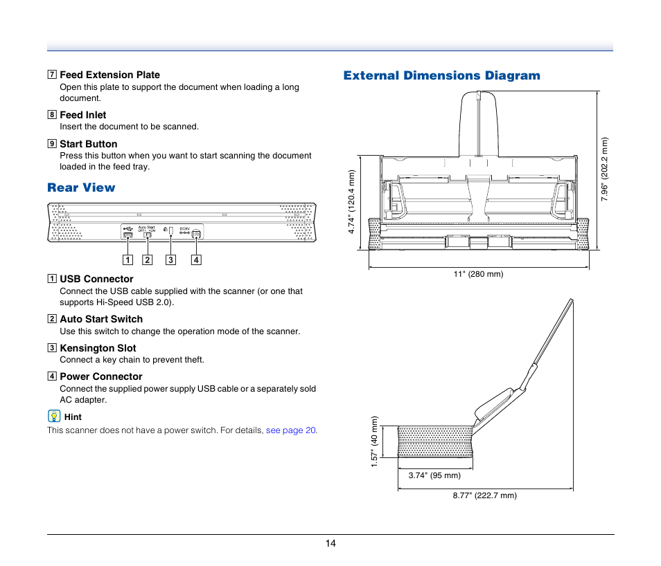 Rear view, External dimensions diagram, A b c d | Canon IMAGEFORMULA P-150 User Manual | Page 14 / 74