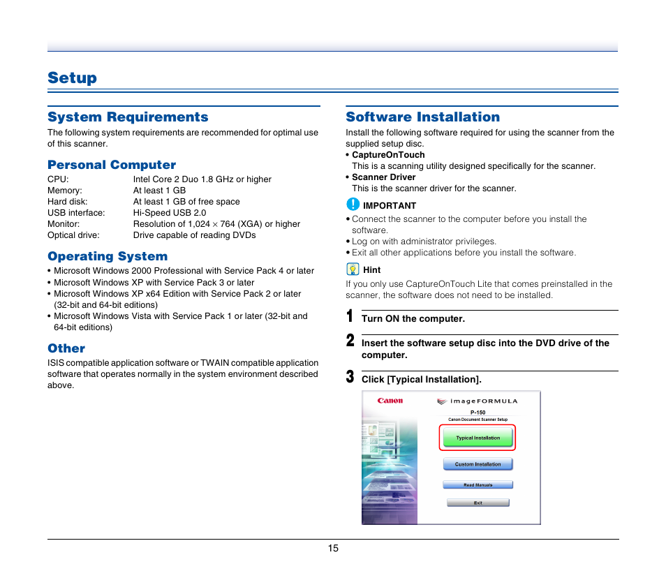 Setup, System requirements, Personal computer | Operating system, Other, Software installation, System requirements software installation | Canon IMAGEFORMULA P-150 User Manual | Page 15 / 74