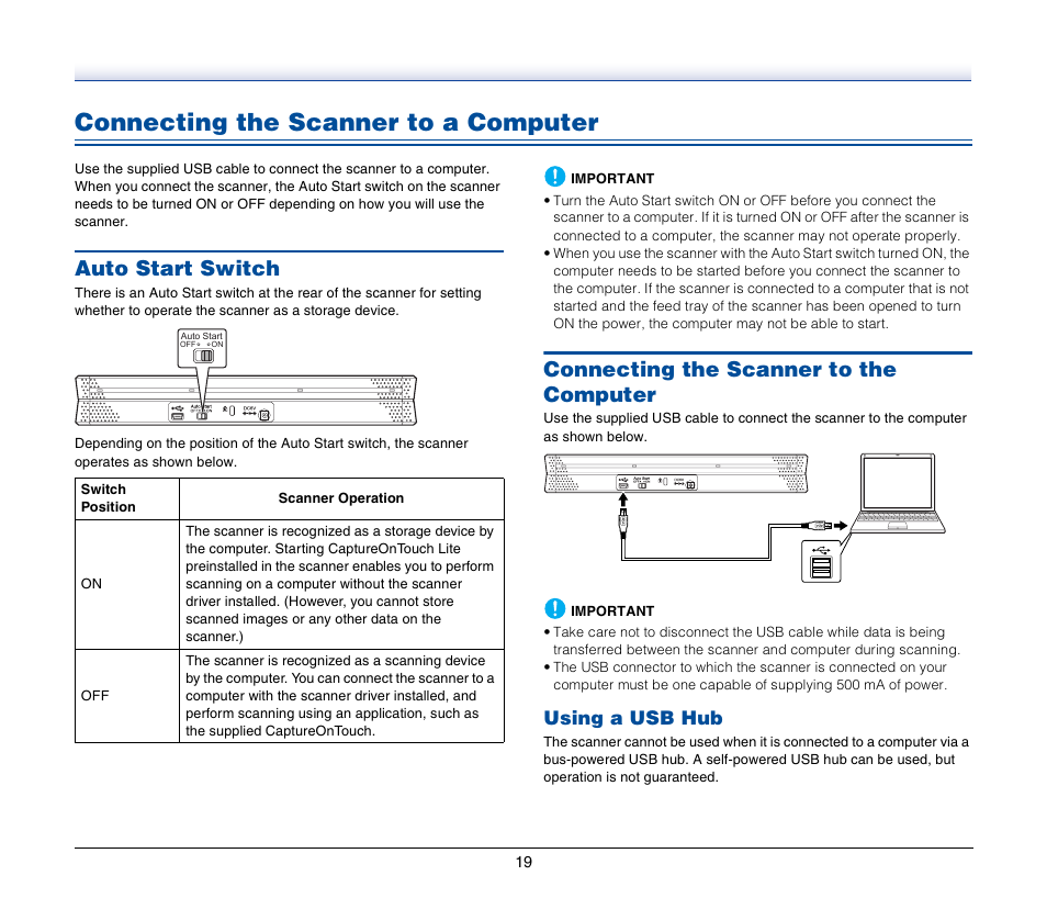 Connecting the scanner to a computer, Auto start switch, Connecting the scanner to the computer | Using a usb hub | Canon IMAGEFORMULA P-150 User Manual | Page 19 / 74