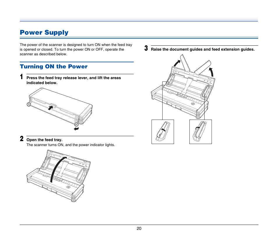 Power supply, Turning on the power, Open the feed tray | Canon IMAGEFORMULA P-150 User Manual | Page 20 / 74