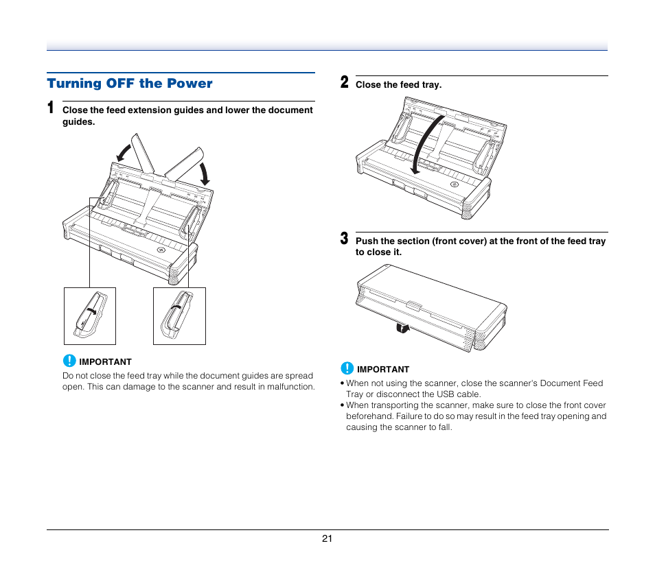 Turning off the power, Close the feed tray | Canon IMAGEFORMULA P-150 User Manual | Page 21 / 74