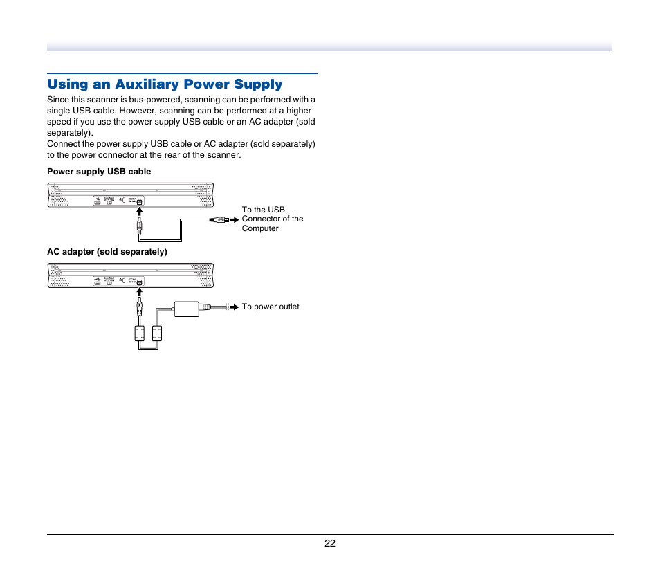 Using an auxiliary power supply | Canon IMAGEFORMULA P-150 User Manual | Page 22 / 74