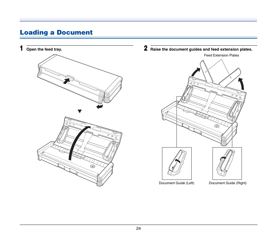 Loading a document, Open the feed tray | Canon IMAGEFORMULA P-150 User Manual | Page 24 / 74