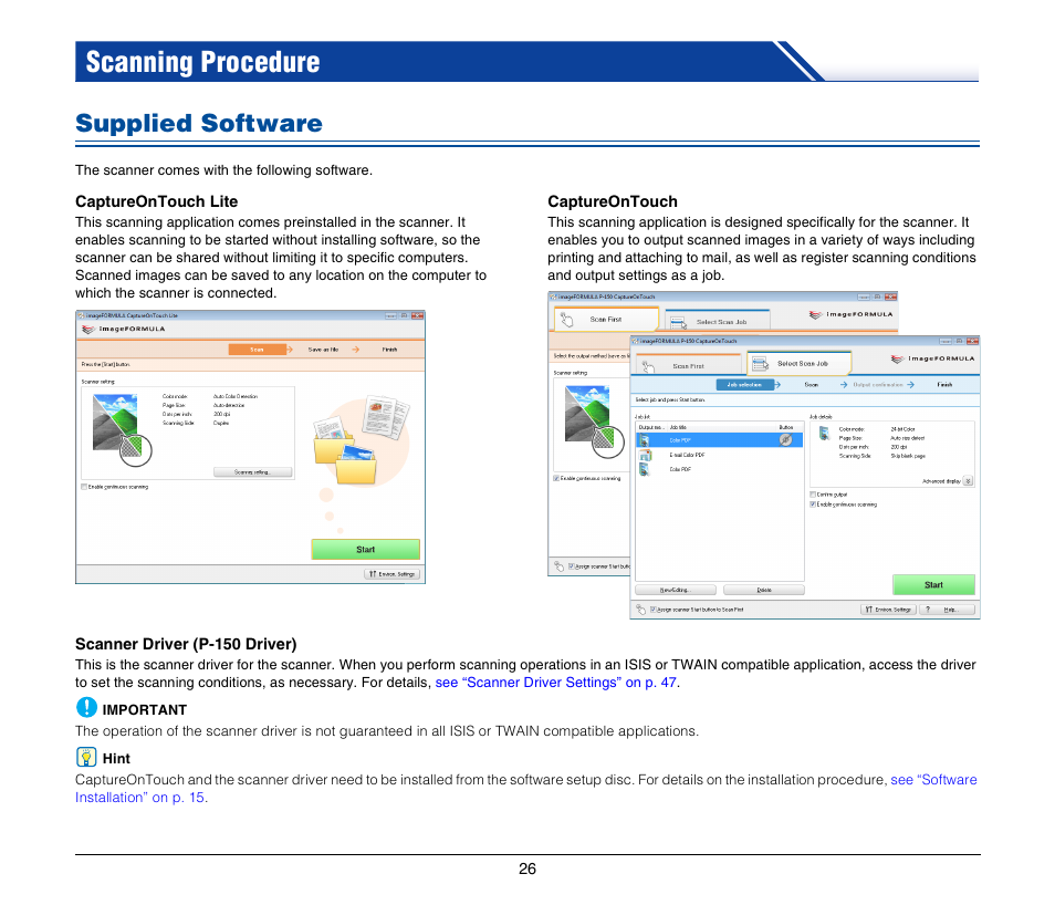 Scanning procedure, Supplied software | Canon IMAGEFORMULA P-150 User Manual | Page 26 / 74