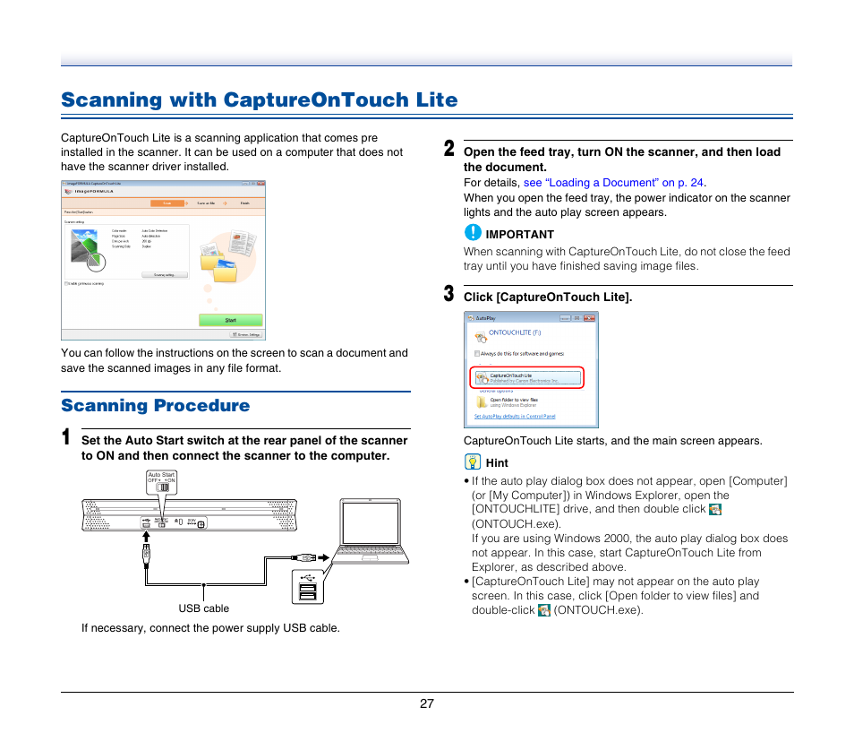 Scanning with captureontouch lite, Scanning procedure | Canon IMAGEFORMULA P-150 User Manual | Page 27 / 74