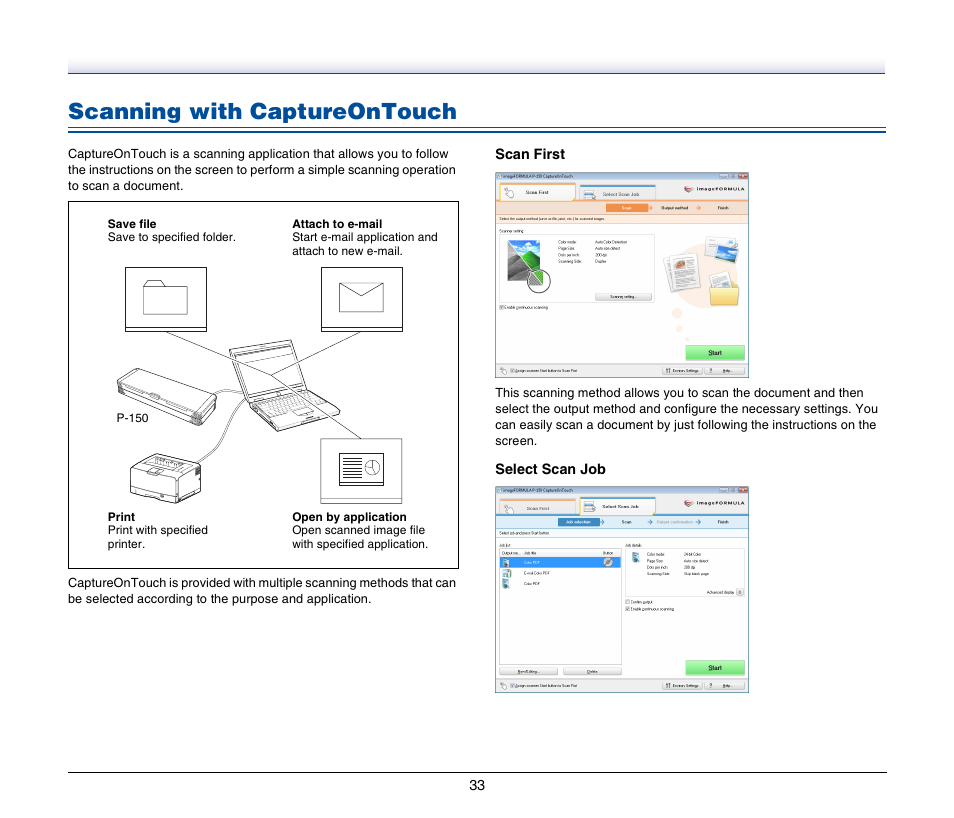 Scanning with captureontouch | Canon IMAGEFORMULA P-150 User Manual | Page 33 / 74