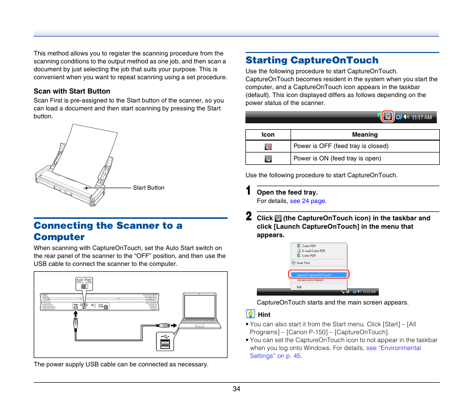 Connecting the scanner to a computer, Starting captureontouch | Canon IMAGEFORMULA P-150 User Manual | Page 34 / 74