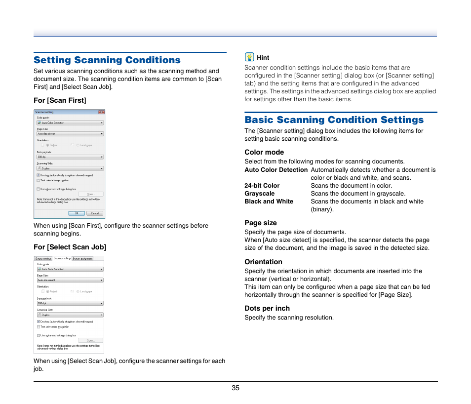 Setting scanning conditions, Basic scanning condition settings | Canon IMAGEFORMULA P-150 User Manual | Page 35 / 74