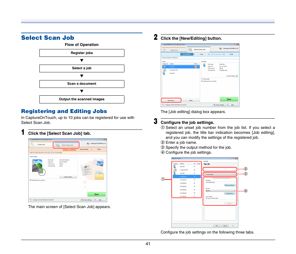Select scan job, Registering and editing jobs | Canon IMAGEFORMULA P-150 User Manual | Page 41 / 74