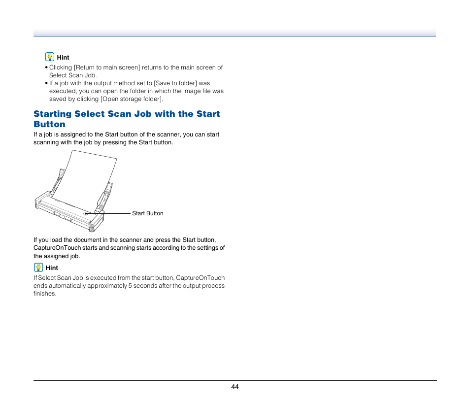 Starting select scan job with the start button | Canon IMAGEFORMULA P-150 User Manual | Page 44 / 74