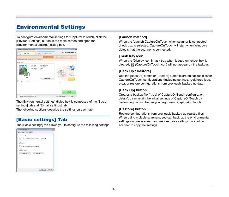 Environmental settings, Basic settings] tab, See “environmental | Settings” on p. 45 | Canon IMAGEFORMULA P-150 User Manual | Page 45 / 74