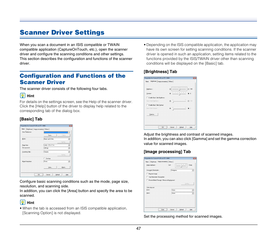 Scanner driver settings, Configuration and functions of the scanner driver, See “scanner driver settings” on p. 47 | Canon IMAGEFORMULA P-150 User Manual | Page 47 / 74