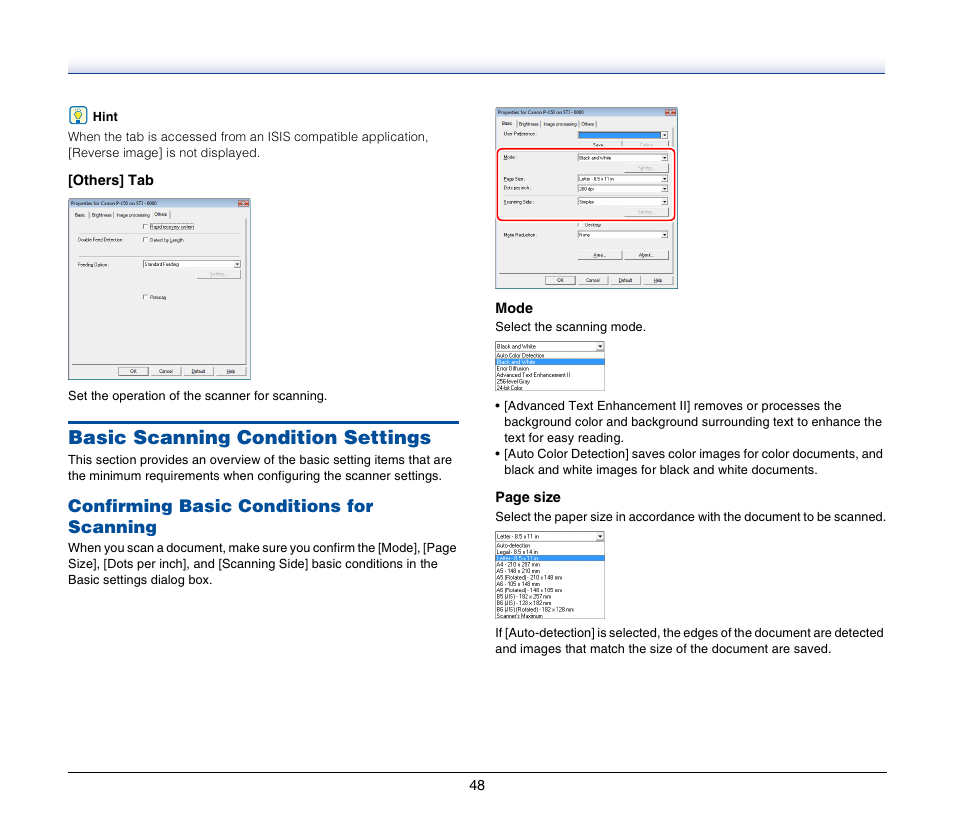 Basic scanning condition settings, Confirming basic conditions for scanning | Canon IMAGEFORMULA P-150 User Manual | Page 48 / 74