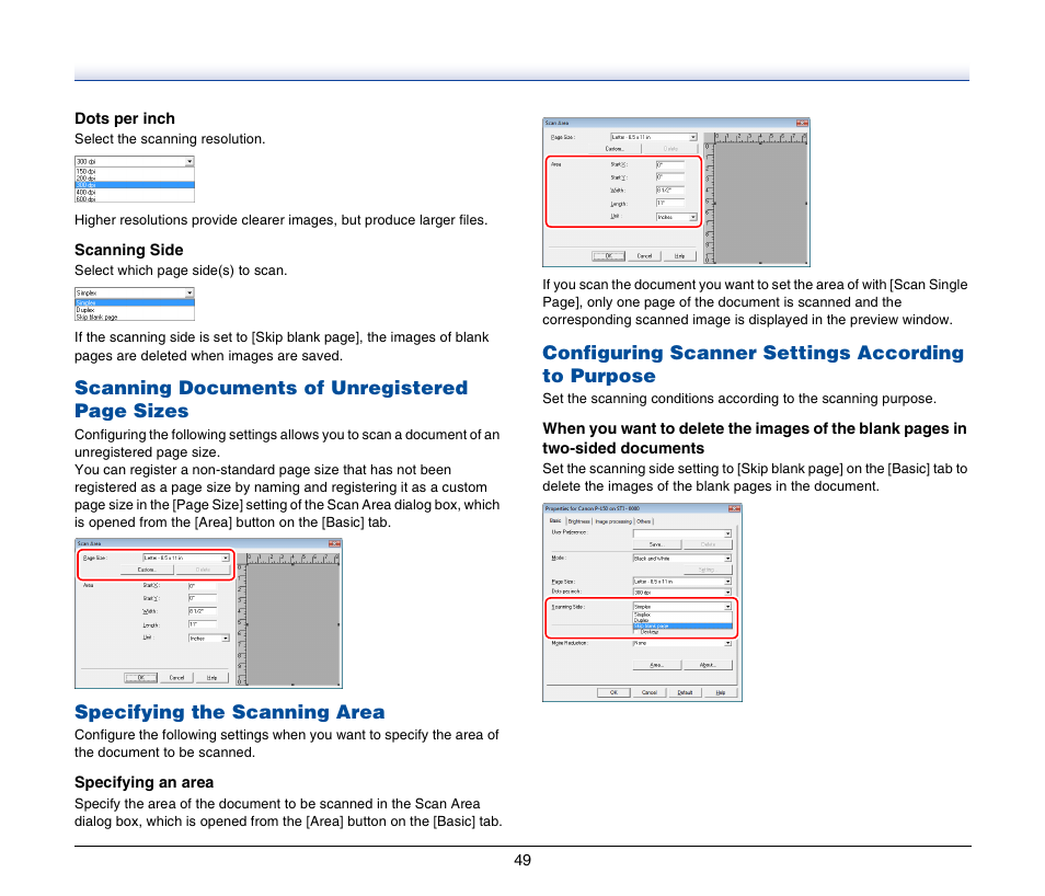 Specifying the scanning area, Configuring scanner settings according to purpose, Scanning documents of unregistered page sizes | Canon IMAGEFORMULA P-150 User Manual | Page 49 / 74
