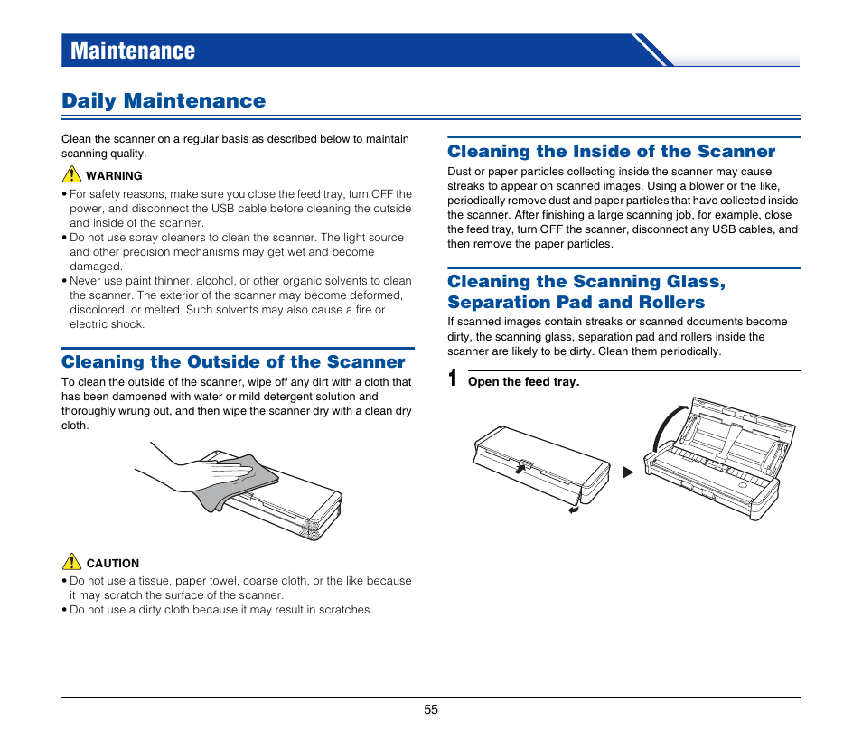 Maintenance, Daily maintenance, Cleaning the outside of the scanner | Cleaning the inside of the scanner | Canon IMAGEFORMULA P-150 User Manual | Page 55 / 74