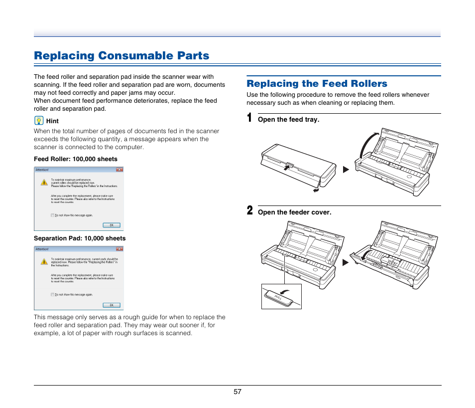 Replacing consumable parts, Replacing the feed rollers, He roller | See p. 57) | Canon IMAGEFORMULA P-150 User Manual | Page 57 / 74