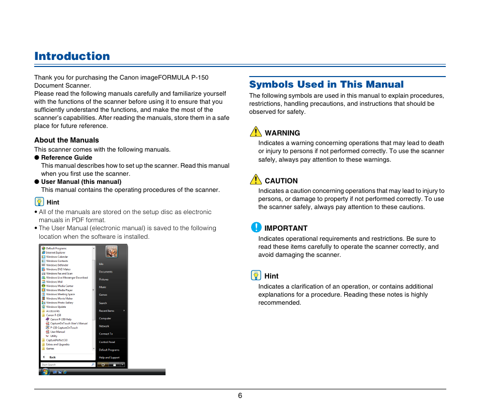 Introduction, Symbols used in this manual | Canon IMAGEFORMULA P-150 User Manual | Page 6 / 74