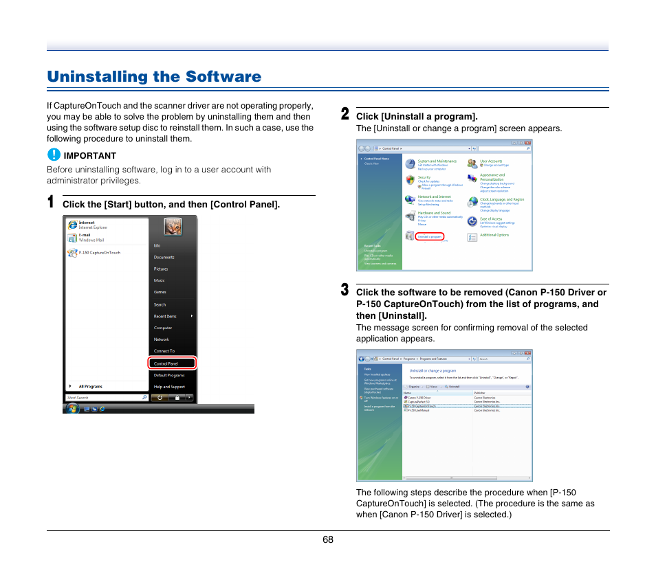 Uninstalling the software | Canon IMAGEFORMULA P-150 User Manual | Page 68 / 74