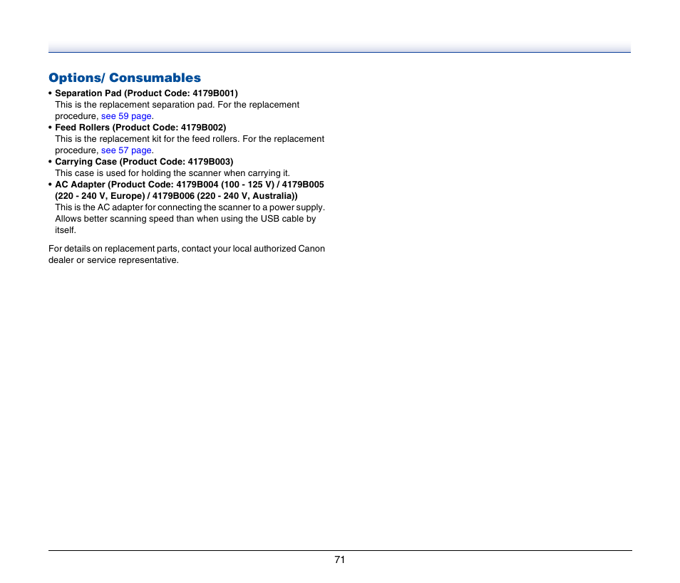 Options/ consumables | Canon IMAGEFORMULA P-150 User Manual | Page 71 / 74