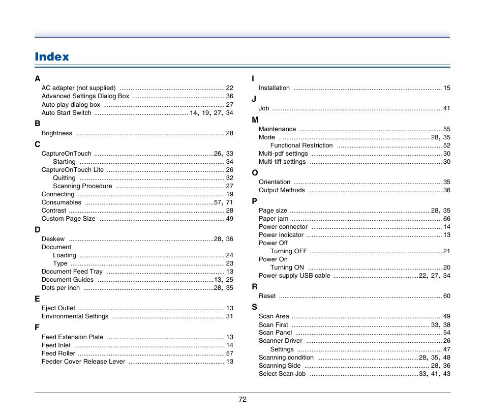 Index | Canon IMAGEFORMULA P-150 User Manual | Page 72 / 74