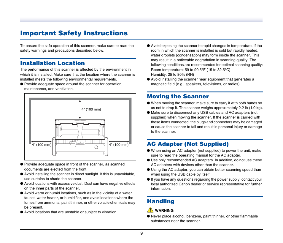 Important safety instructions, Installation location, Moving the scanner | Ac adapter (not supplied), Handling | Canon IMAGEFORMULA P-150 User Manual | Page 9 / 74