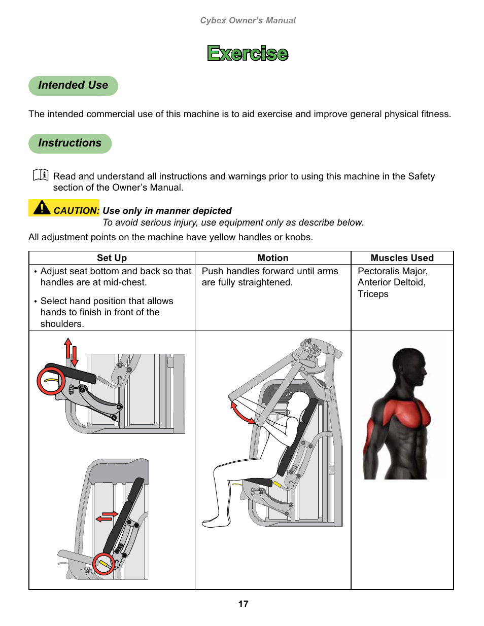 Exercise, Intended use, Instructions | Cybex 20000 Eagle NX Chest Press User Manual | Page 17 / 30