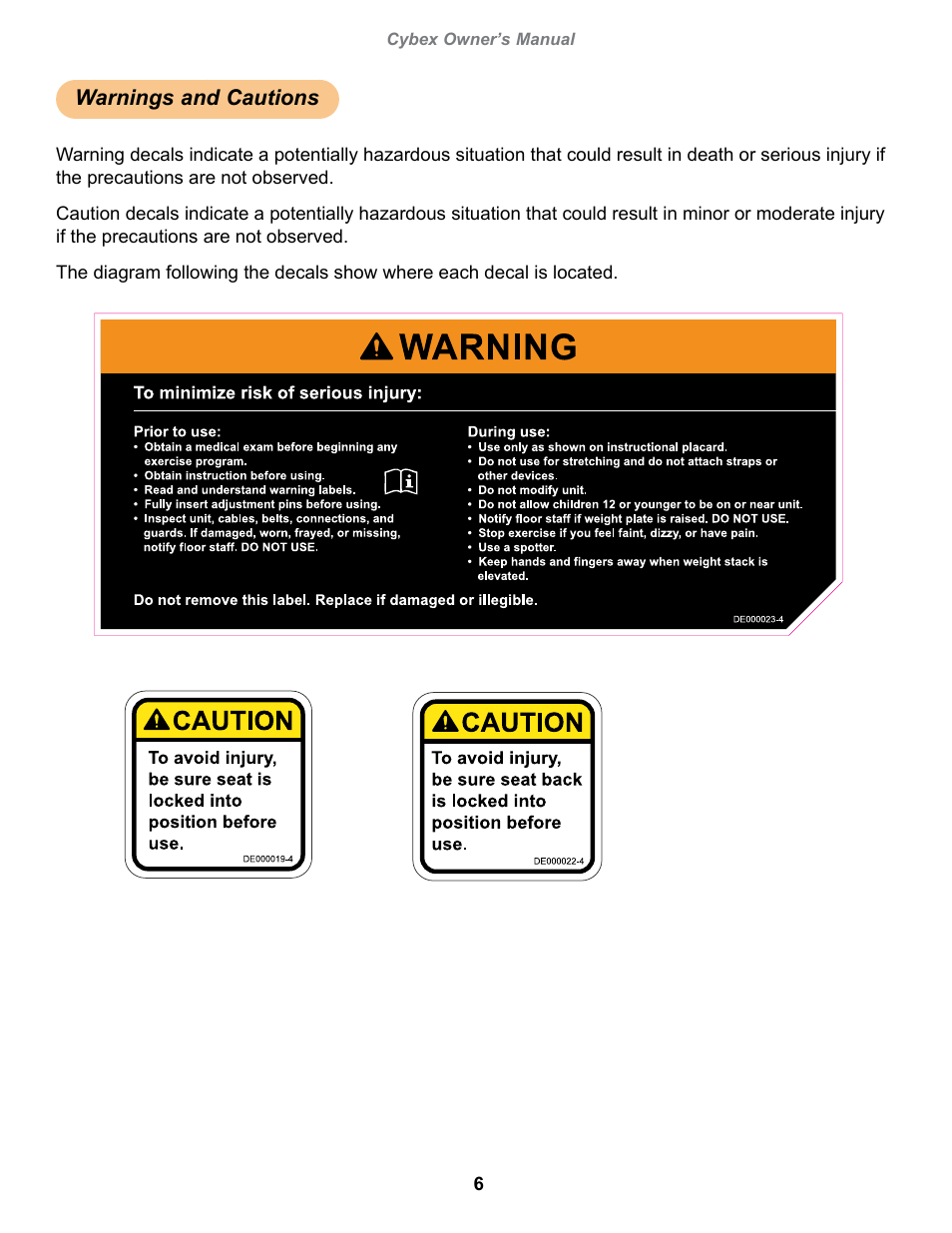 Warnings and cautions, Warning, decal english, Caution, decal english | Cybex owner’s manual, Owatonna | Cybex 20000 Eagle NX Chest Press User Manual | Page 6 / 30