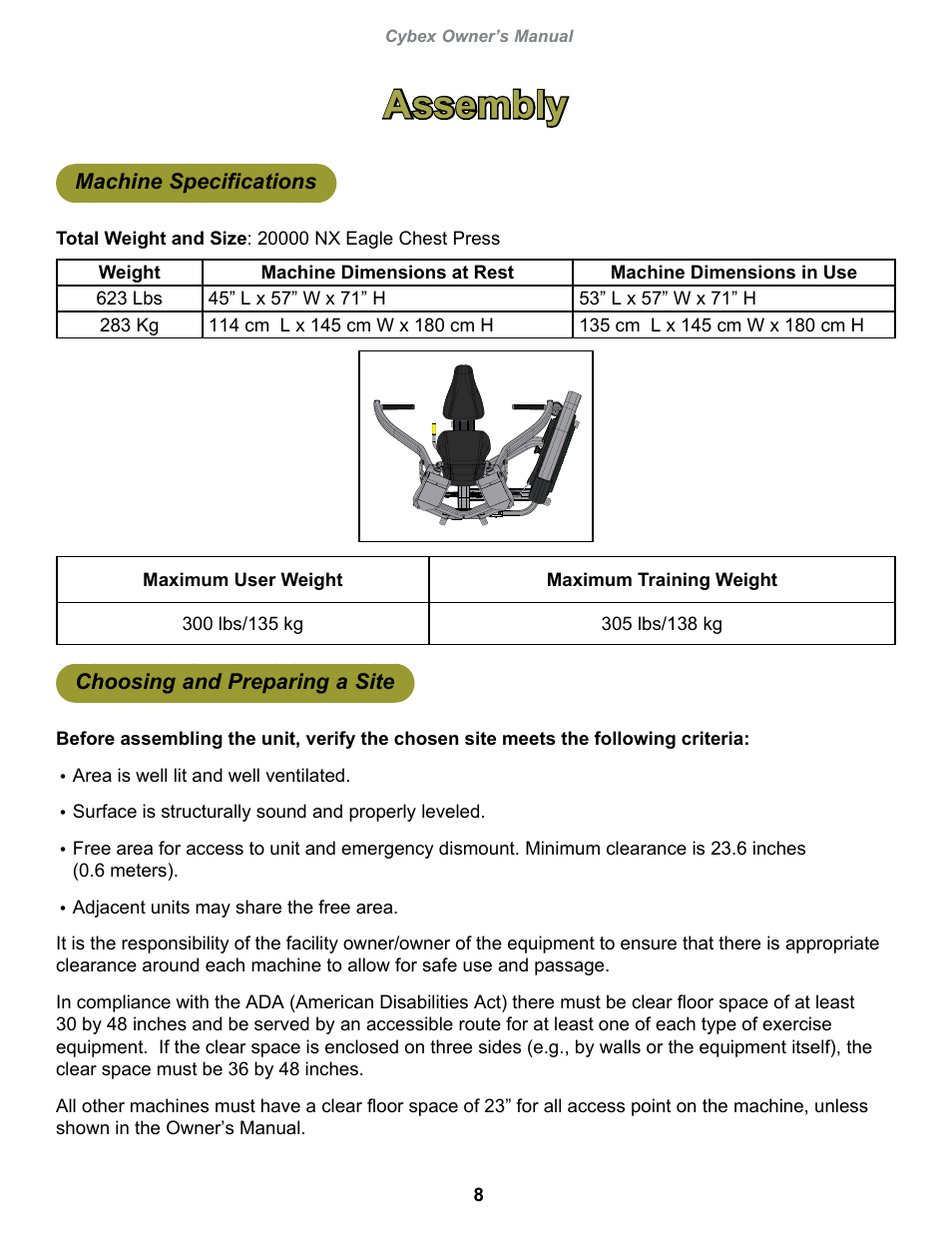 Assembly, Machine specifications, Choosing and preparing a site | Cybex 20000 Eagle NX Chest Press User Manual | Page 8 / 30