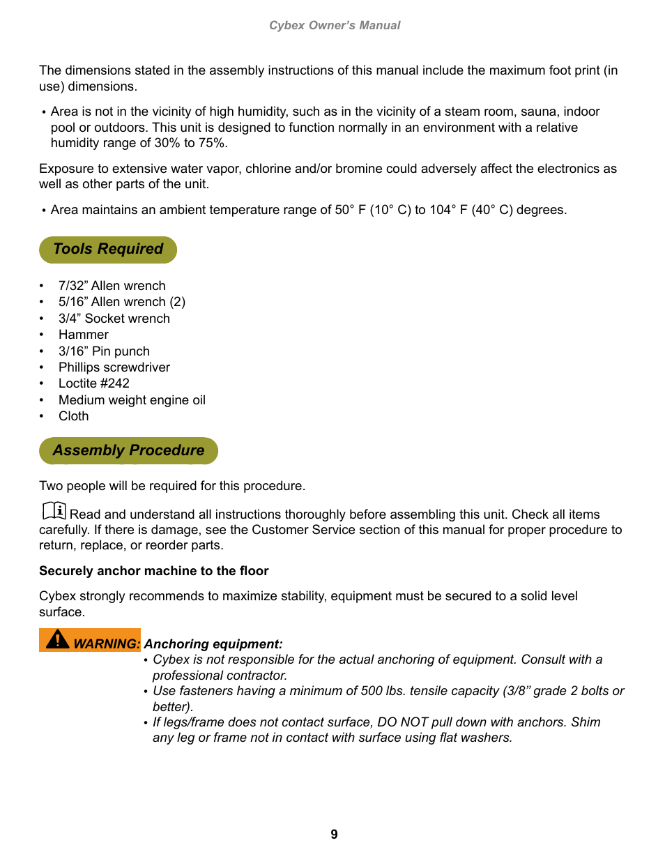 Tools required, Assembly procedure | Cybex 20000 Eagle NX Chest Press User Manual | Page 9 / 30