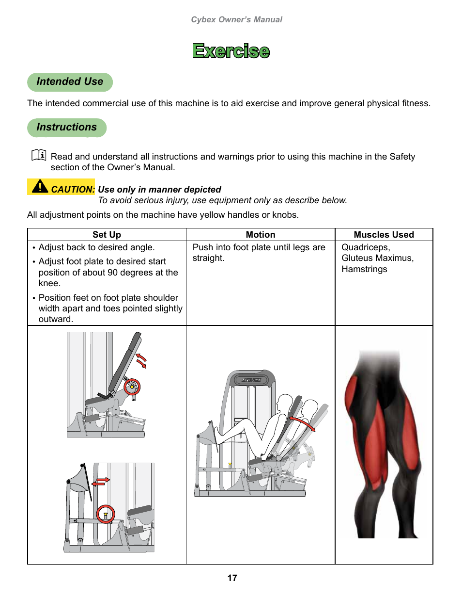 Exercise, Intended use, Instructions | Cybex 20040 Eagle NX Leg Press User Manual | Page 17 / 30