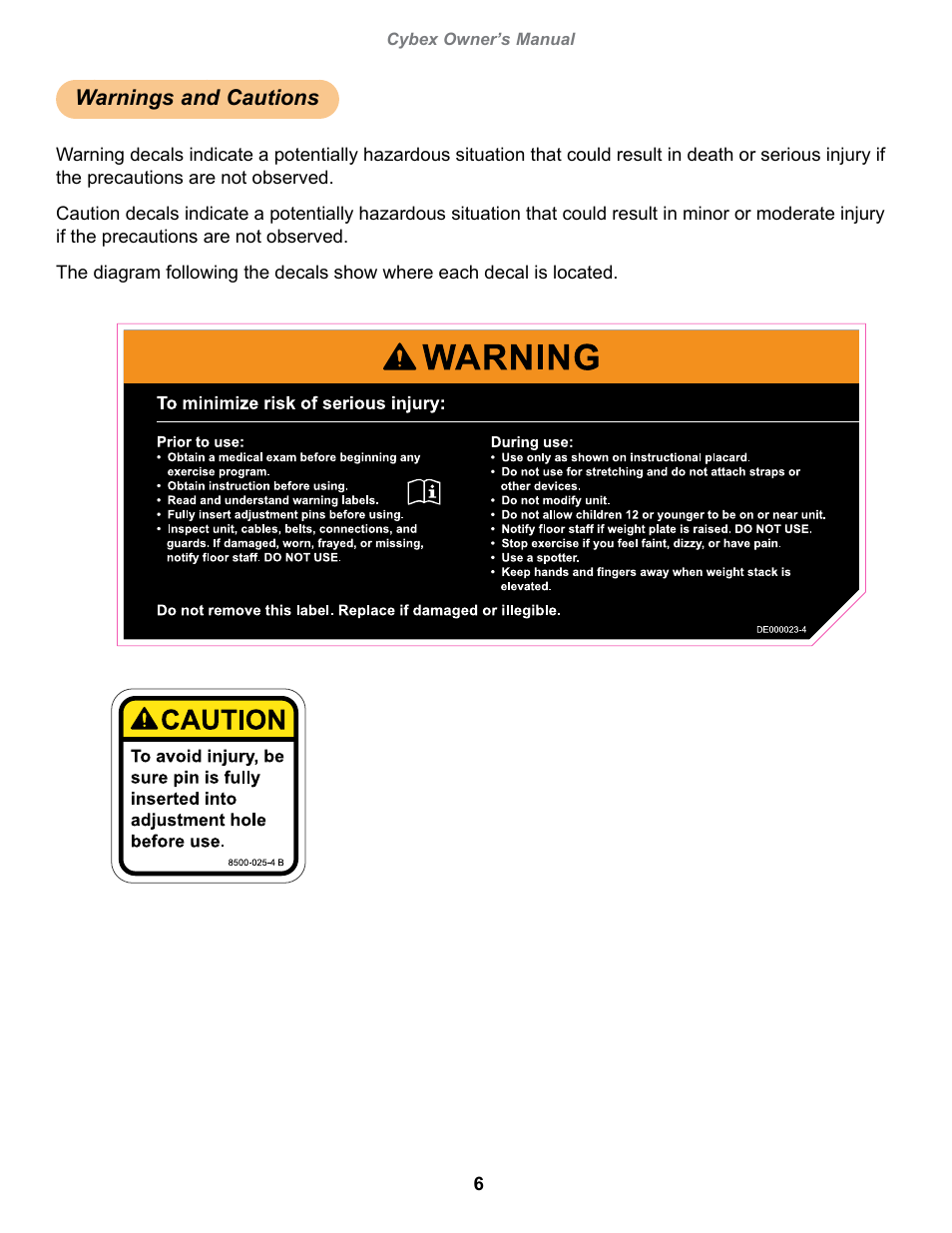 Warnings and cautions, Warning, decal english, Cybex owner’s manual | Owatonna | Cybex 20040 Eagle NX Leg Press User Manual | Page 6 / 30