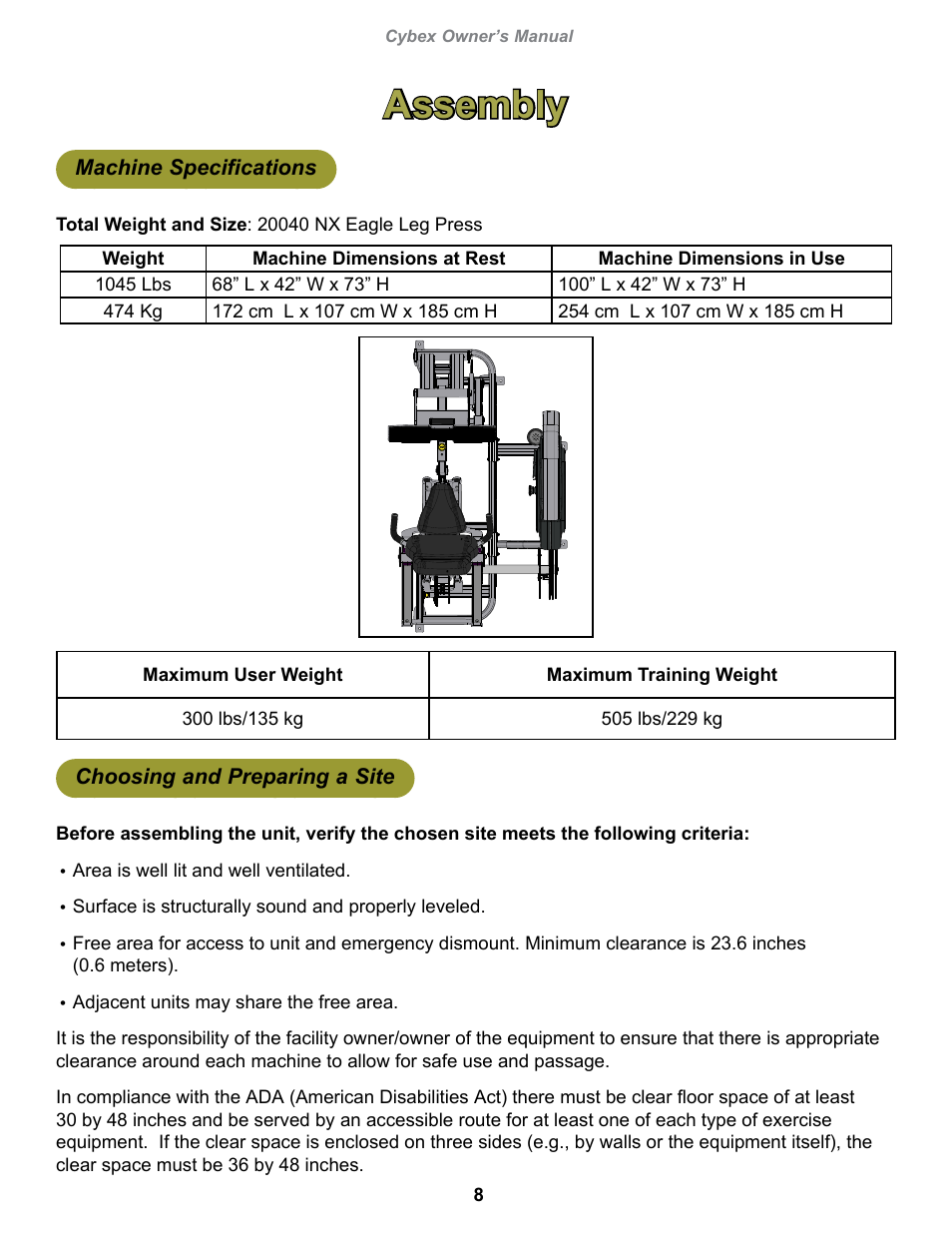 Assembly, Machine specifications, Choosing and preparing a site | Cybex 20040 Eagle NX Leg Press User Manual | Page 8 / 30