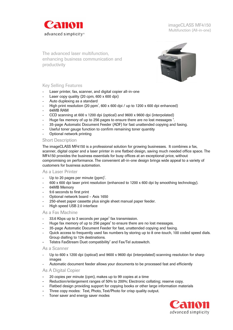 Canon i-SENSYS MF4150 User Manual | 2 pages