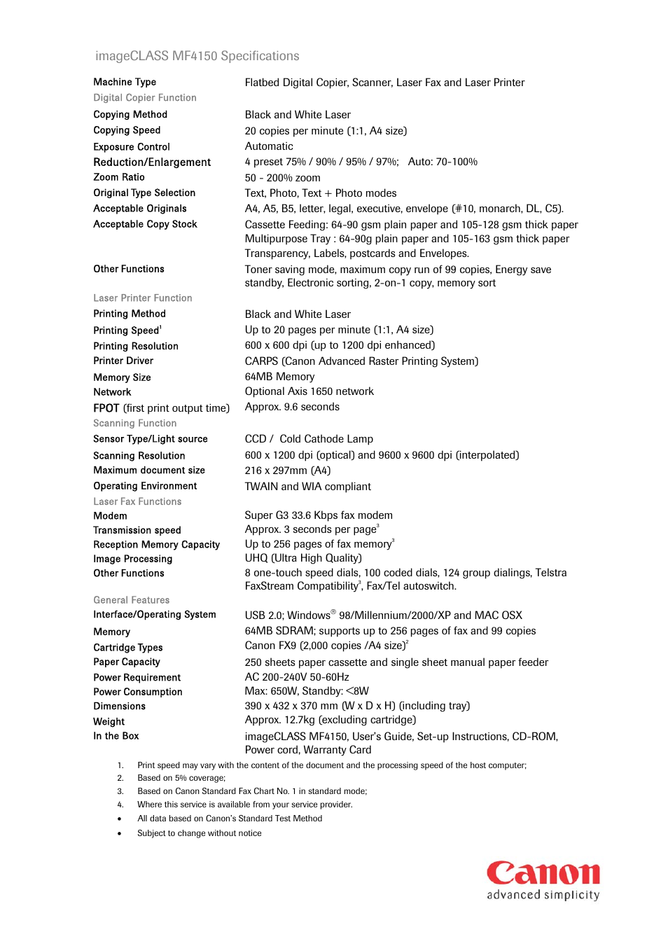 Imageclass mf4150 specifications | Canon i-SENSYS MF4150 User Manual | Page 2 / 2