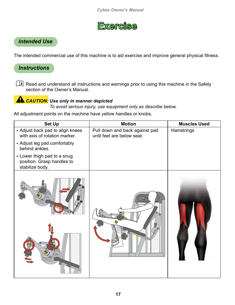 Exercise, Intended use, Instructions | Cybex 20060 Eagle NX Seated Leg Curl User Manual | Page 17 / 30